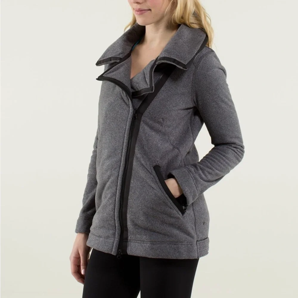 Lululemon Fleece Moto Jacket Black/Ambient Grey/Black Size 4 Full Zip